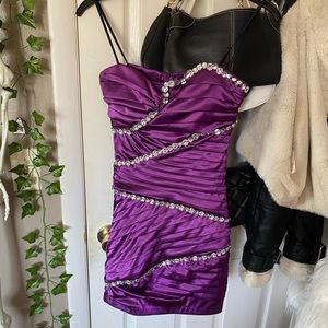 Purple Rhinestone Embellished Bodycon Party Dress with Ruched Back